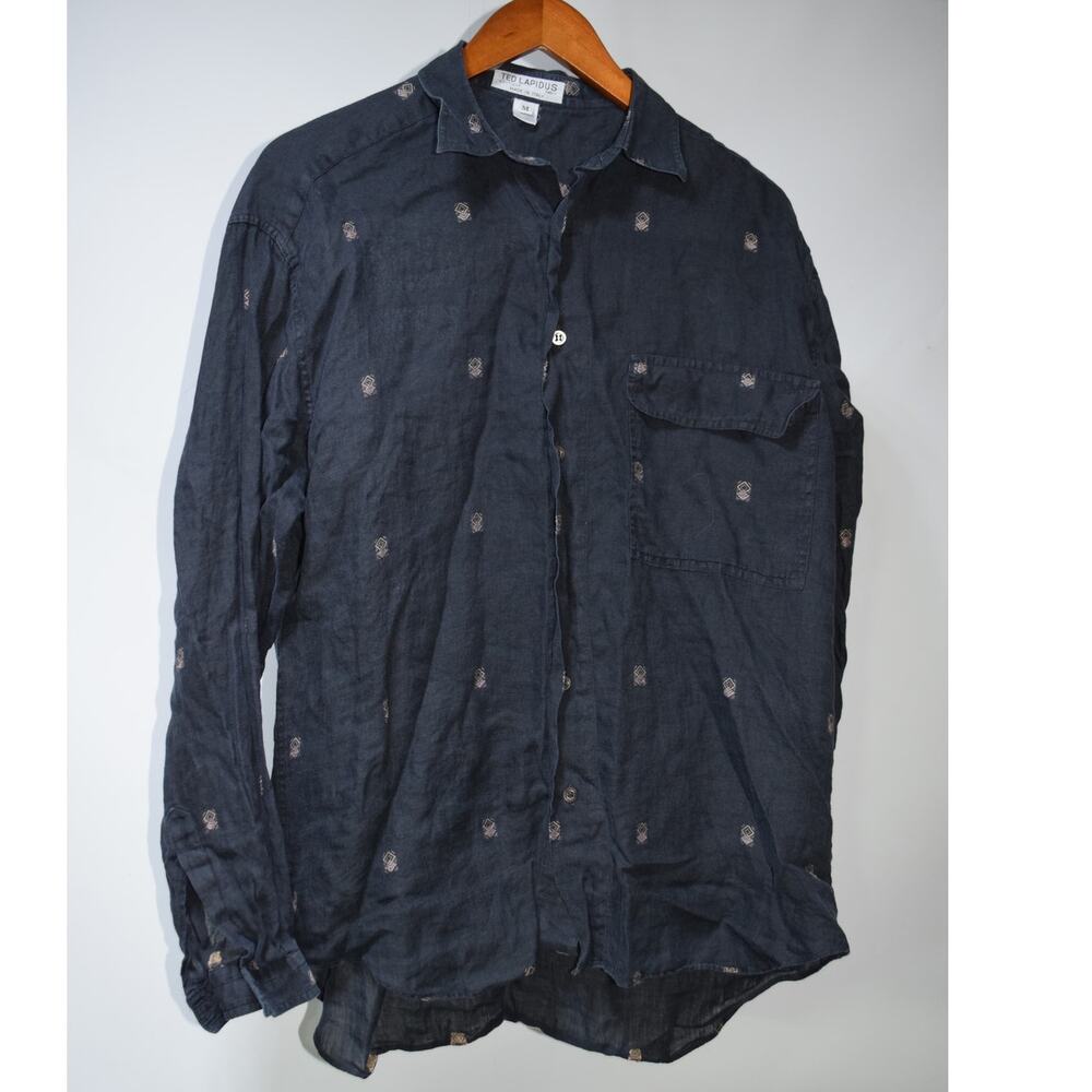 Ted Lapidus Paris Men’s Medium Black 100% Linen Embroidered Button Down Shirt